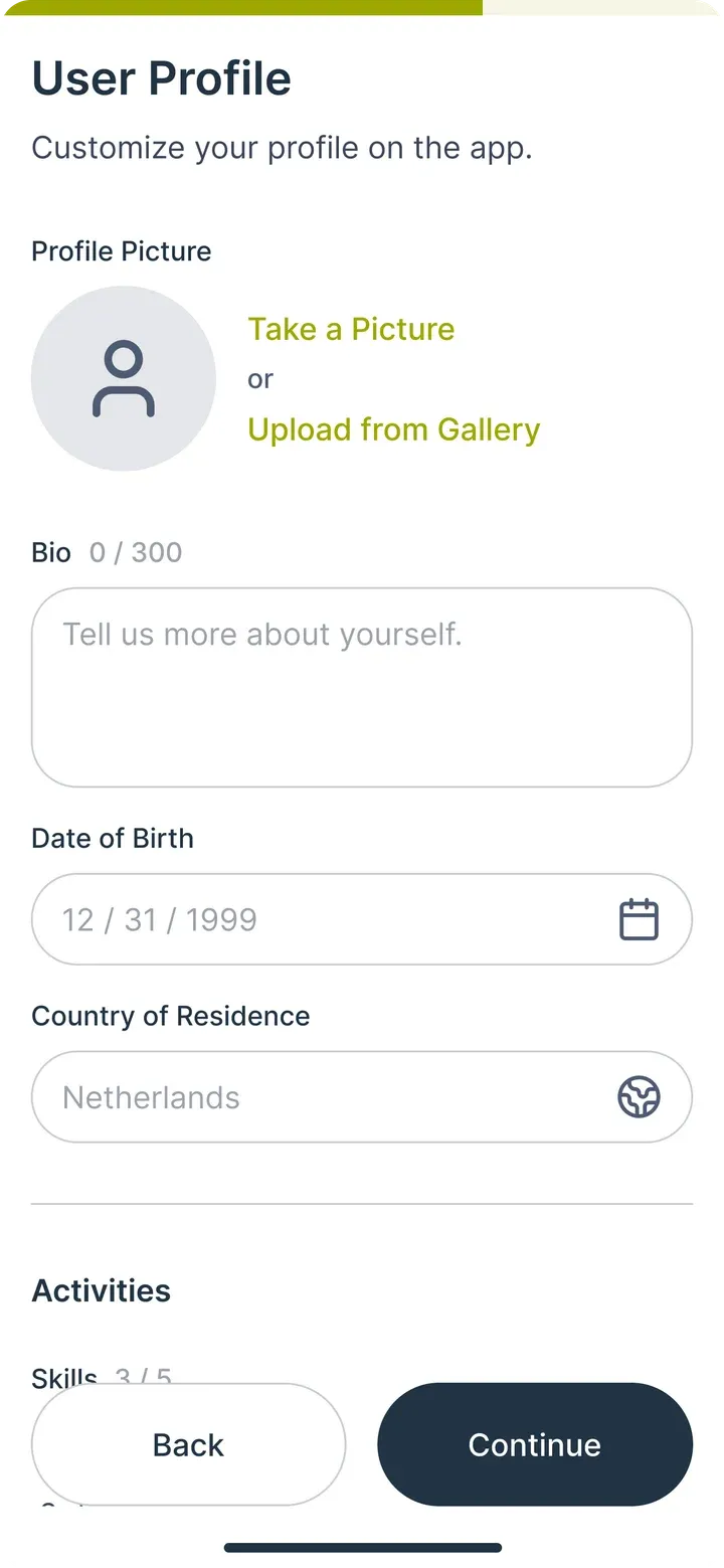 Onboarding, step 4: Profile